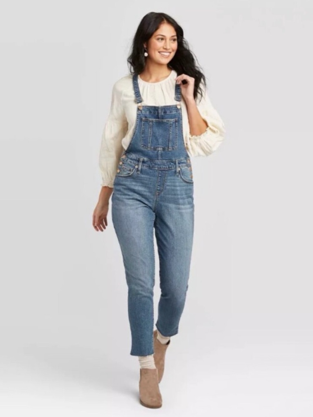 High-Rise Raw Hem Taper Denim Overalls